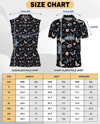 Dark Butterfly Floral Sleeveless Polo Shirt for Women, Elegant Nature Style | Azhawaiian