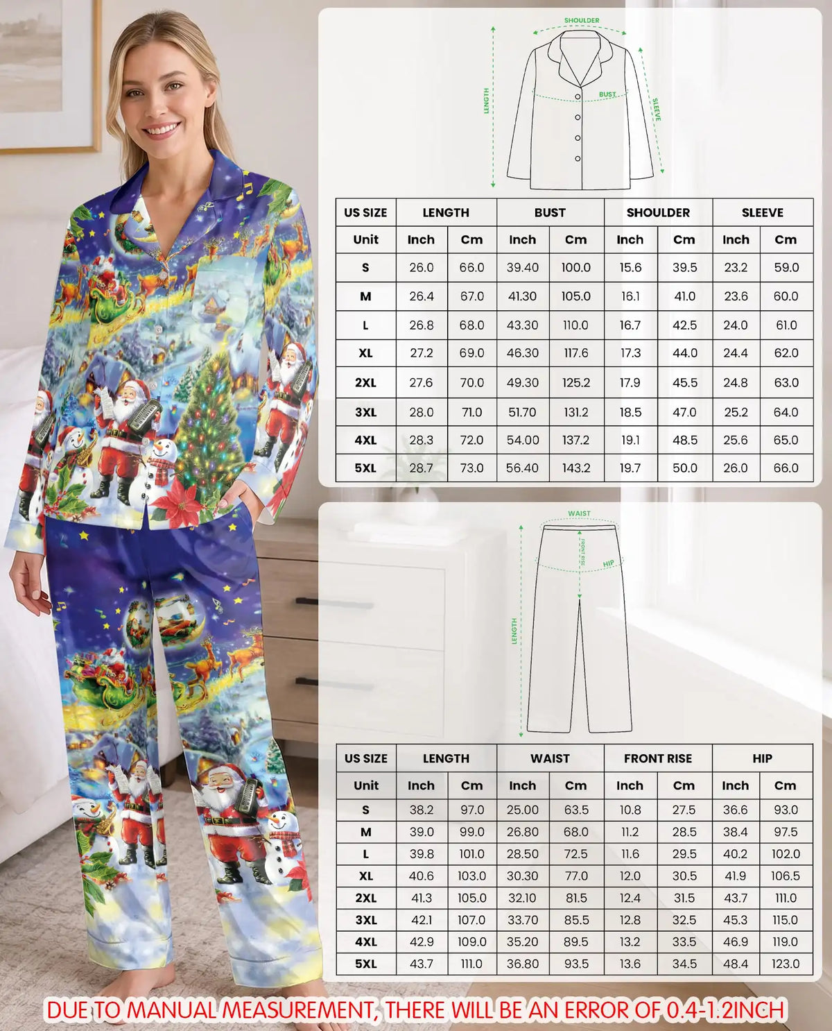 Musical Santa Christmas Pajama Set for Women – Snowman & Sleigh Print