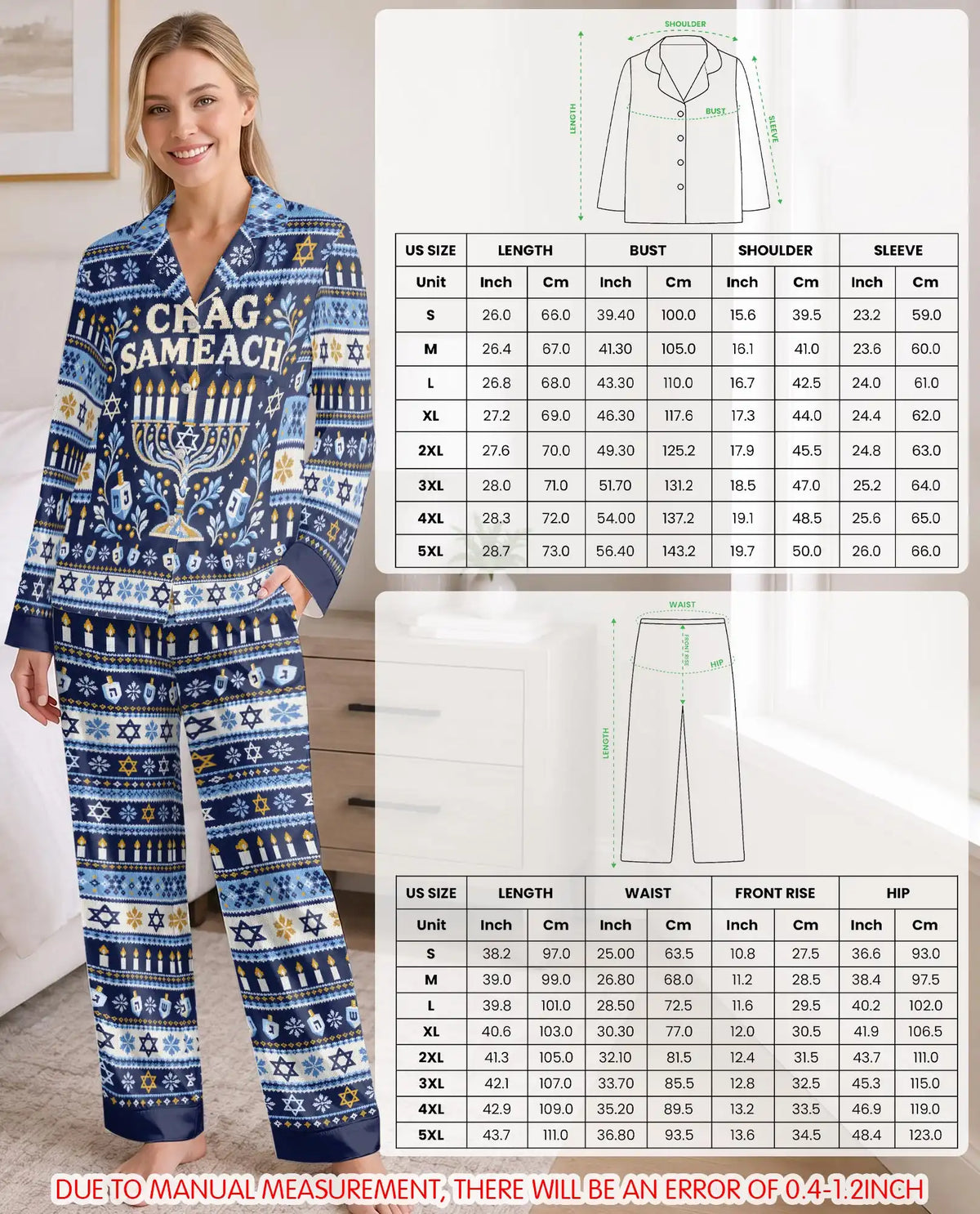 Chag Sameach Hanukkah Pajama Set for Women – Blue Menorah Fair Isle Print