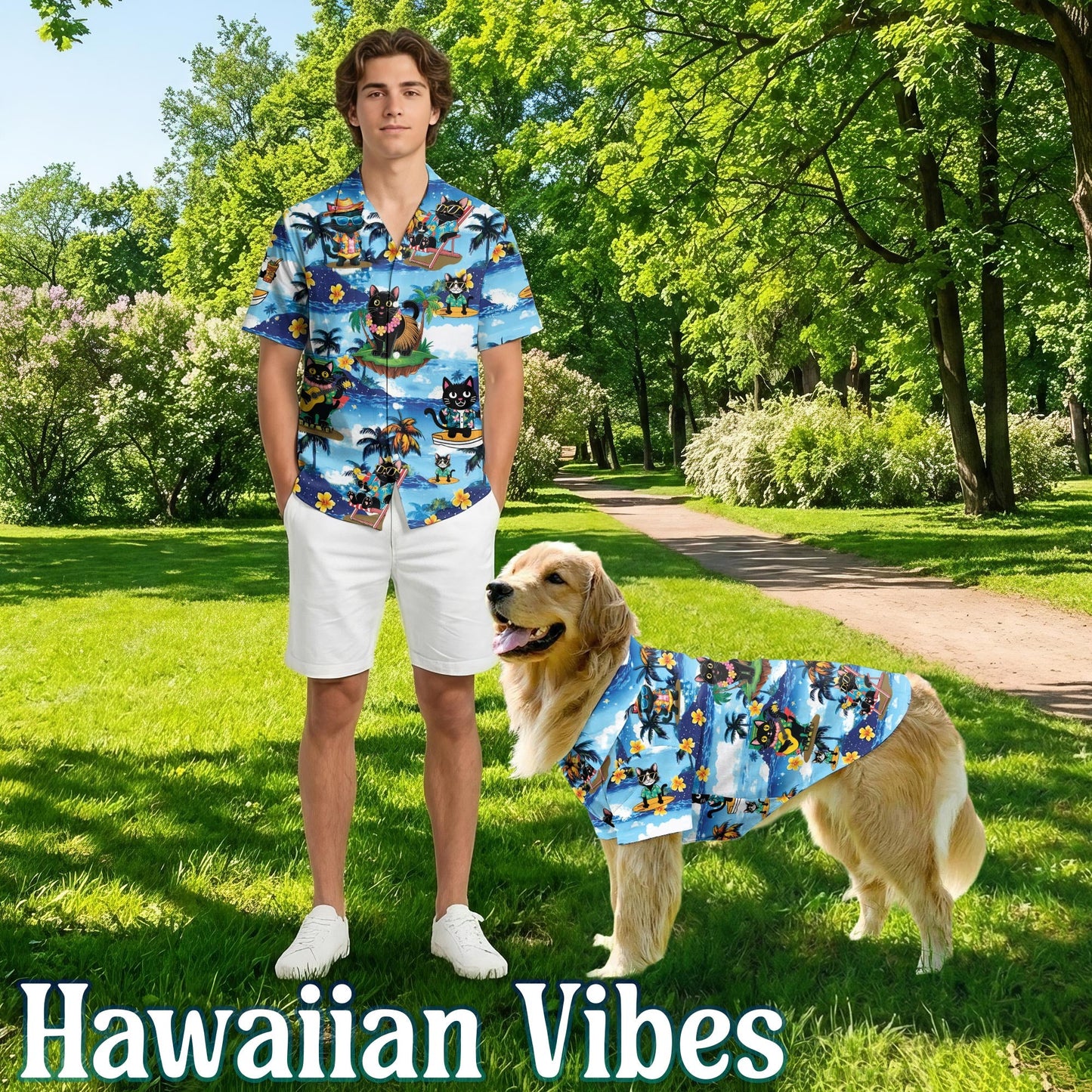 Black Cat Beach Matching Dog Owner Hawaiian Shirts, Funny Pet Aloha Shirt for Beach Vacation - Azhawaiian