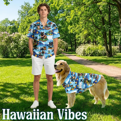 Black Cat Beach Matching Dog Owner Hawaiian Shirts, Funny Pet Aloha Shirt for Beach Vacation - Azhawaiian