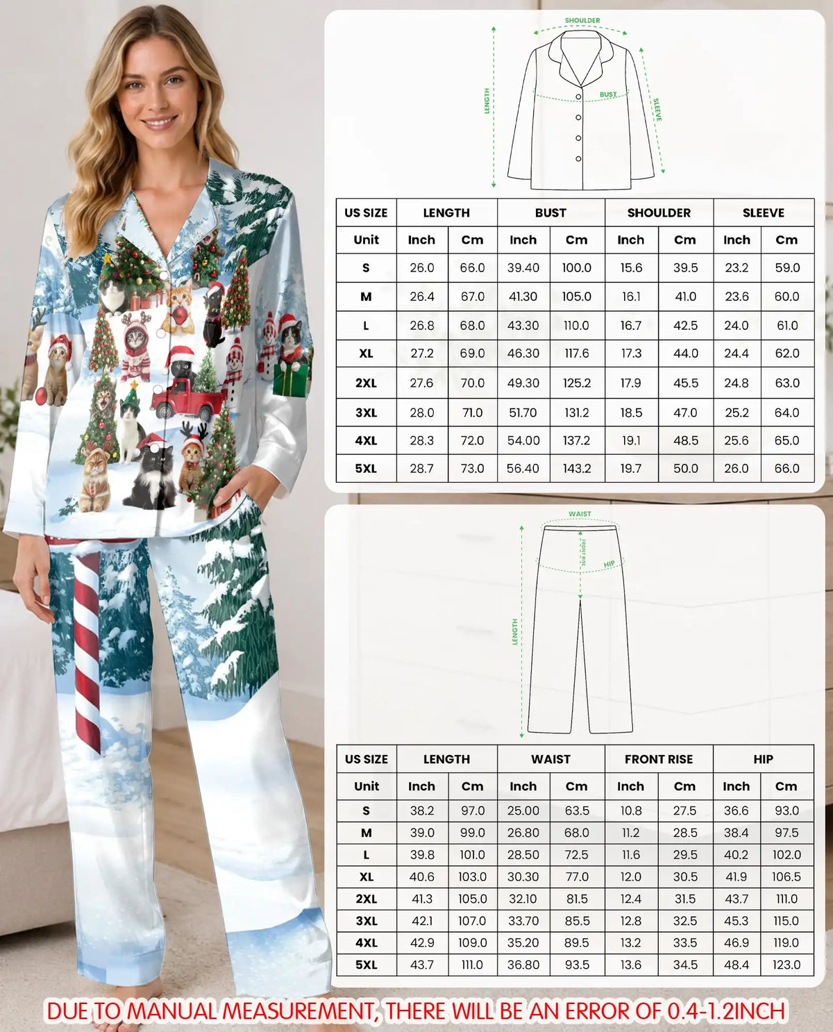 Christmas Cat Pajama Set for Women, Holiday Satin Sleepwear