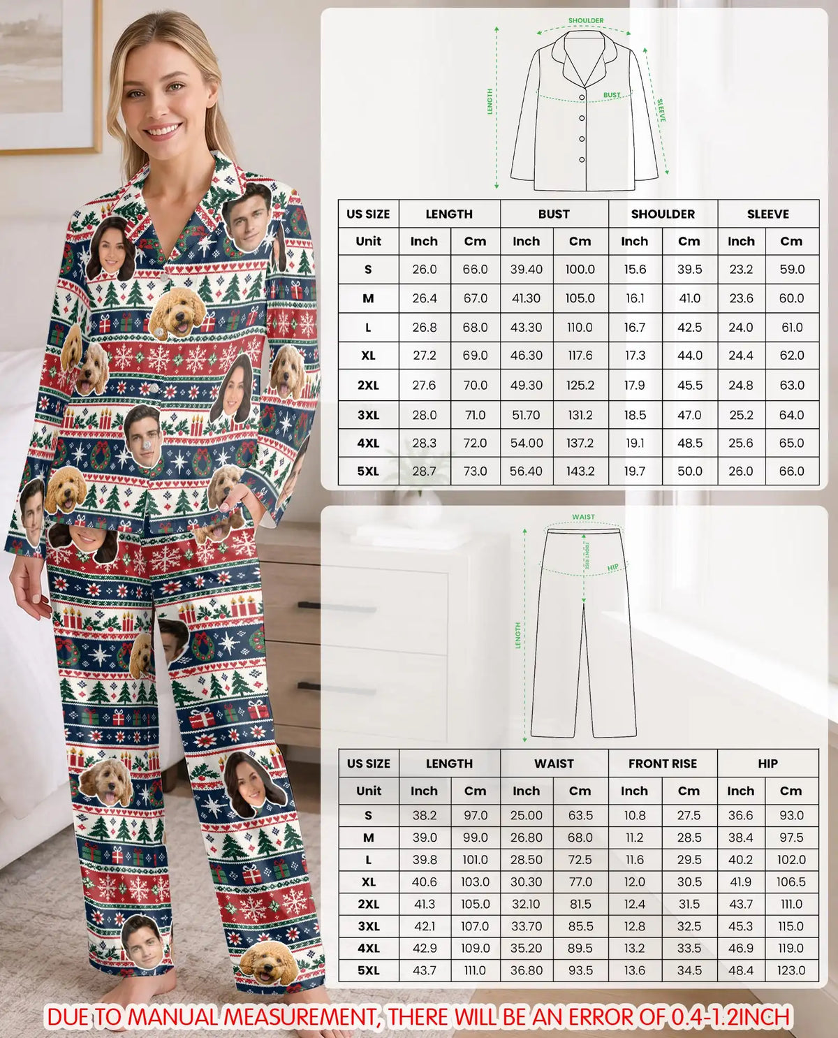 Personalized Christmas Fair Isle Pajamas for Women – Custom Face & Pet Photo Print