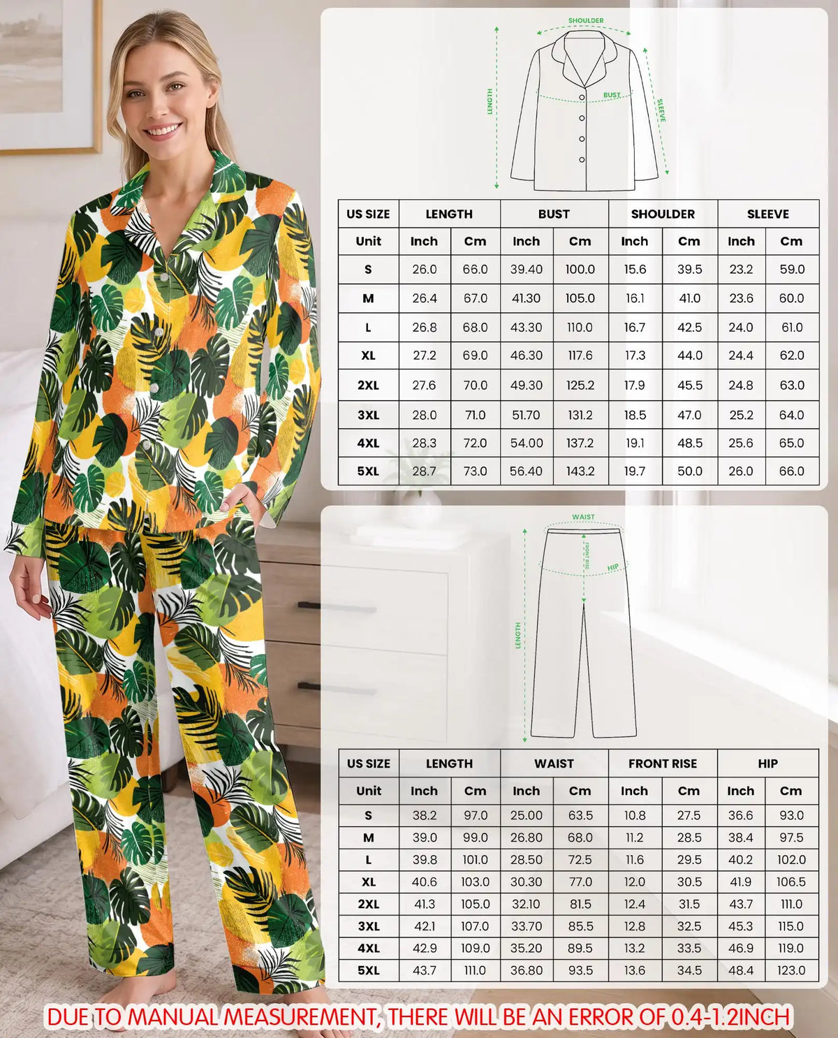 Tropical Leaf Pajama Set for Women – Monstera & Palm Leaves Print