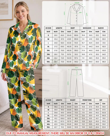 Tropical Leaf Pajama Set for Women – Monstera & Palm Leaves Print