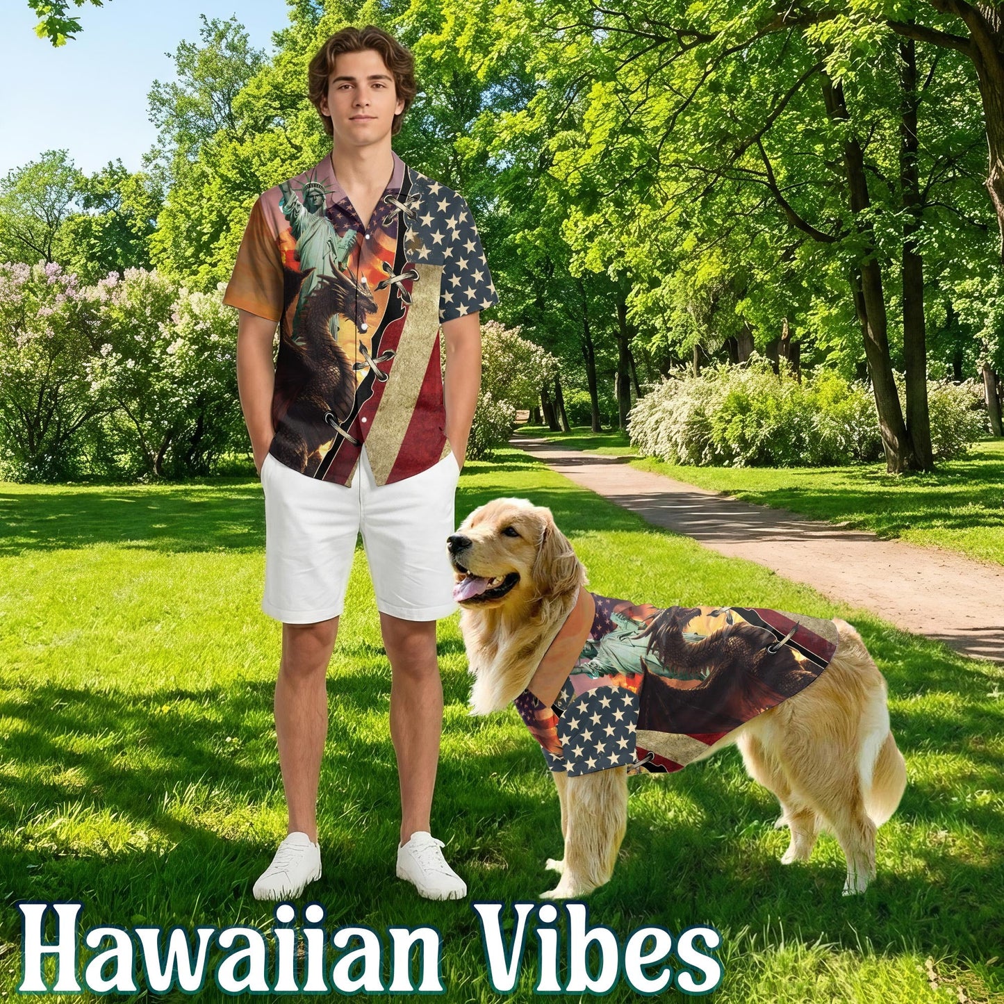 Dragon US Flag Matching Dog Owner Hawaiian Shirts, Funny Pet Aloha Shirt for Beach Vacation - Azhawaiian