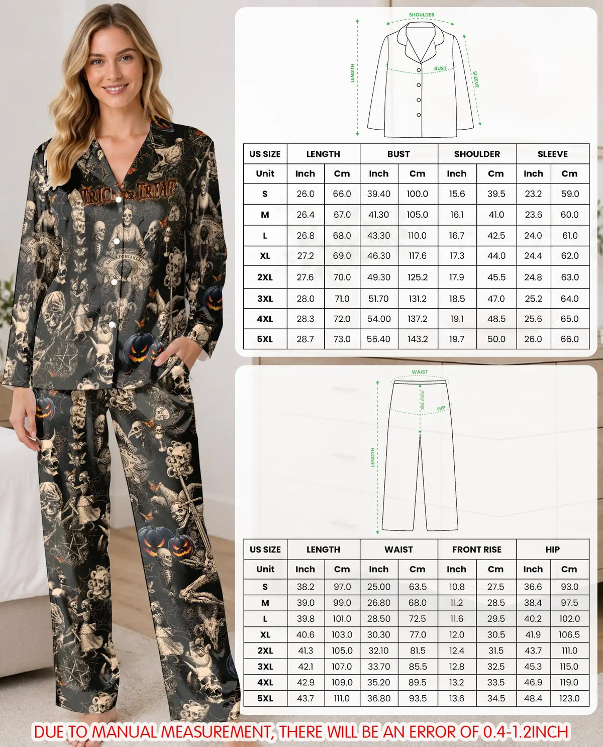 Gothic Halloween Pajama Set for Women, Dark Skeleton Spooky Sleepwear
