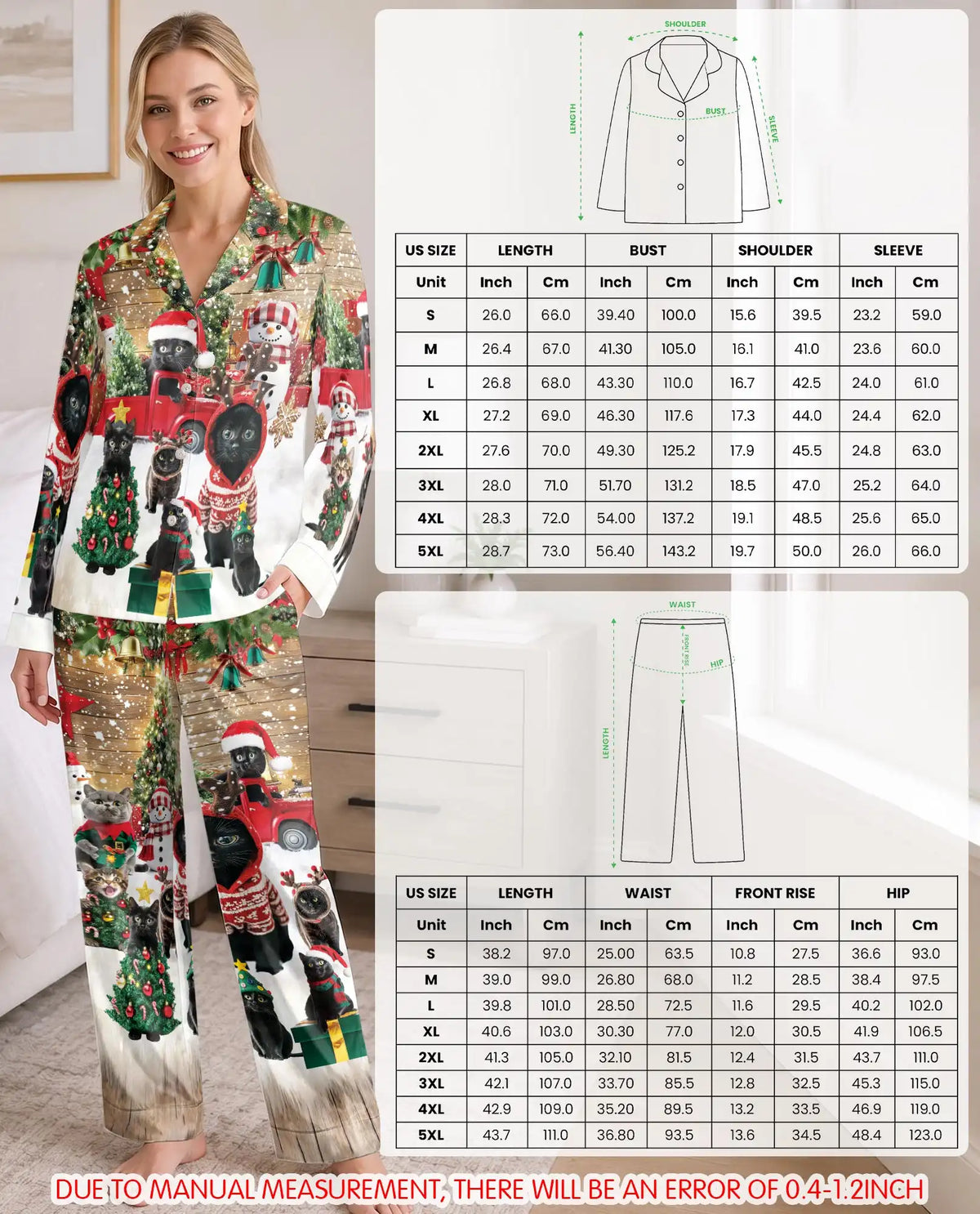 Black Cat Christmas Pajama Set for Women – Red Truck & Snowman Print