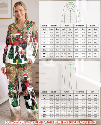 Black Cat Christmas Pajama Set for Women – Red Truck & Snowman Print