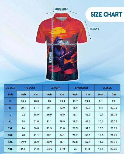 Funny Gorilla Drummer Polo Shirt - Sunset Rock Music Style | Azhawaiian
