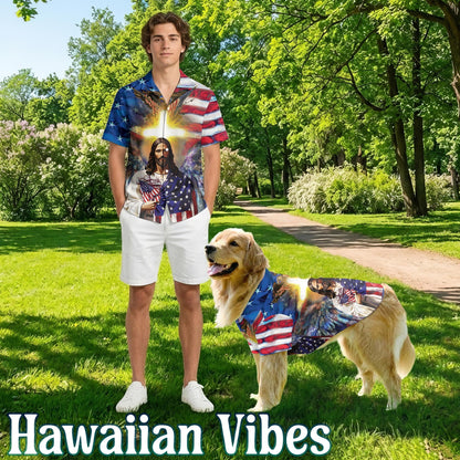 America and Jesus Bless Matching Dog Owner Hawaiian Shirts, Funny Pet Aloha Shirt for Beach Vacation - Azhawaiian