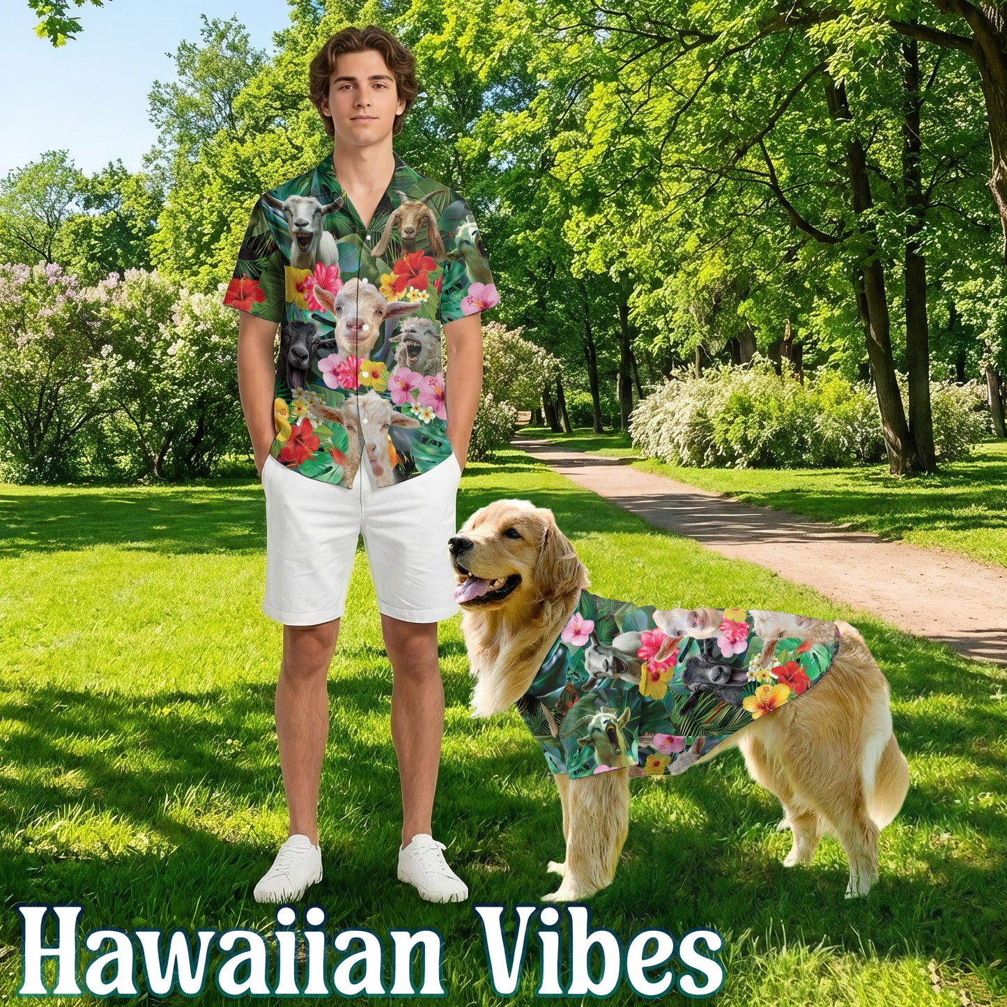 Happy Goat Matching Dog Owner Hawaiian Shirts, Funny Pet Aloha Shirt for Beach Vacation - Azhawaiian