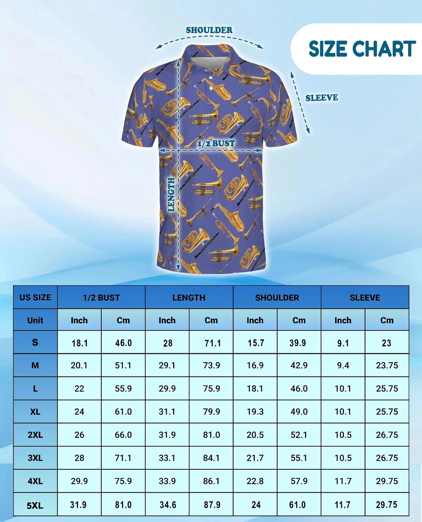 Musical Instruments Polo Shirt for Men-Print  Saxophone Trumpet | Azhawaiian