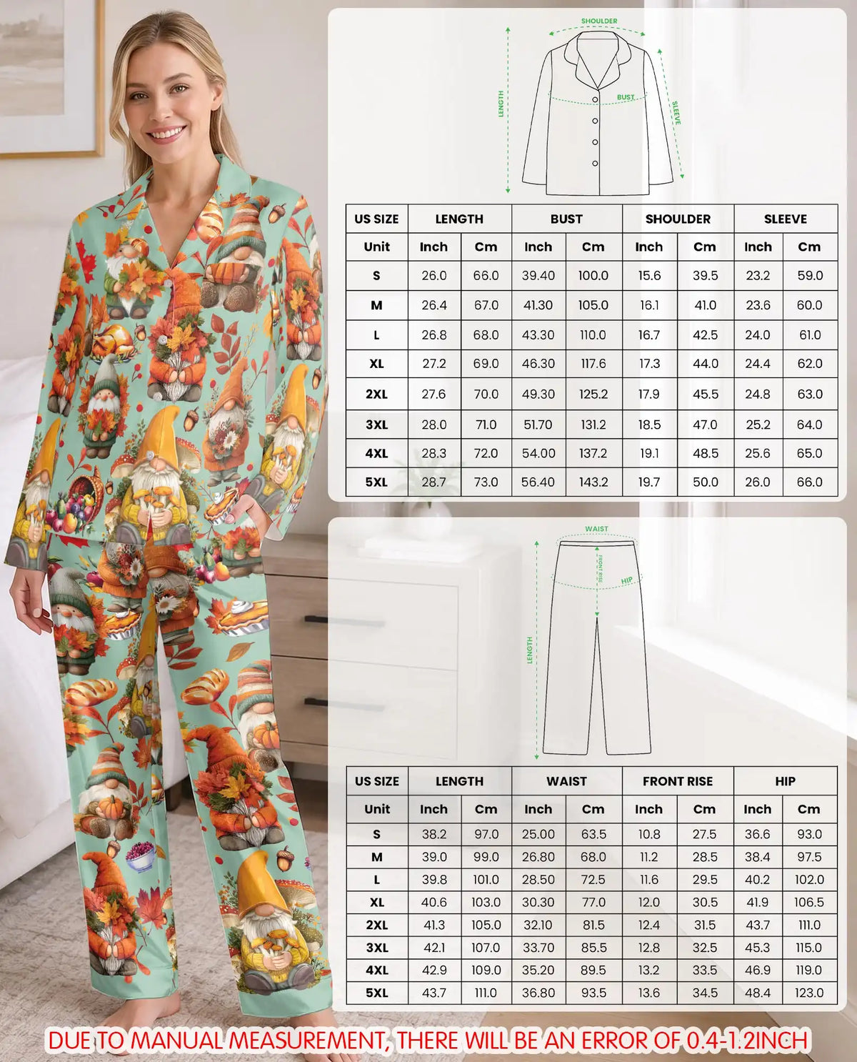 Thanksgiving Gnome Pajama Set for Women – Fall Pumpkins & Autumn Leaves Print
