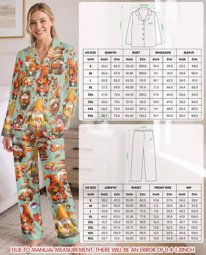 Thanksgiving Gnome Pajama Set for Women – Fall Pumpkins & Autumn Leaves Print