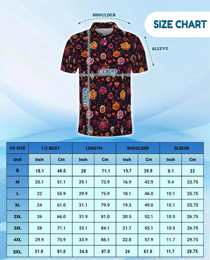 Floral Sugar Skull Polo Shirt for Men-Gothic Rose Skeleton Inspired | Azhawaiian