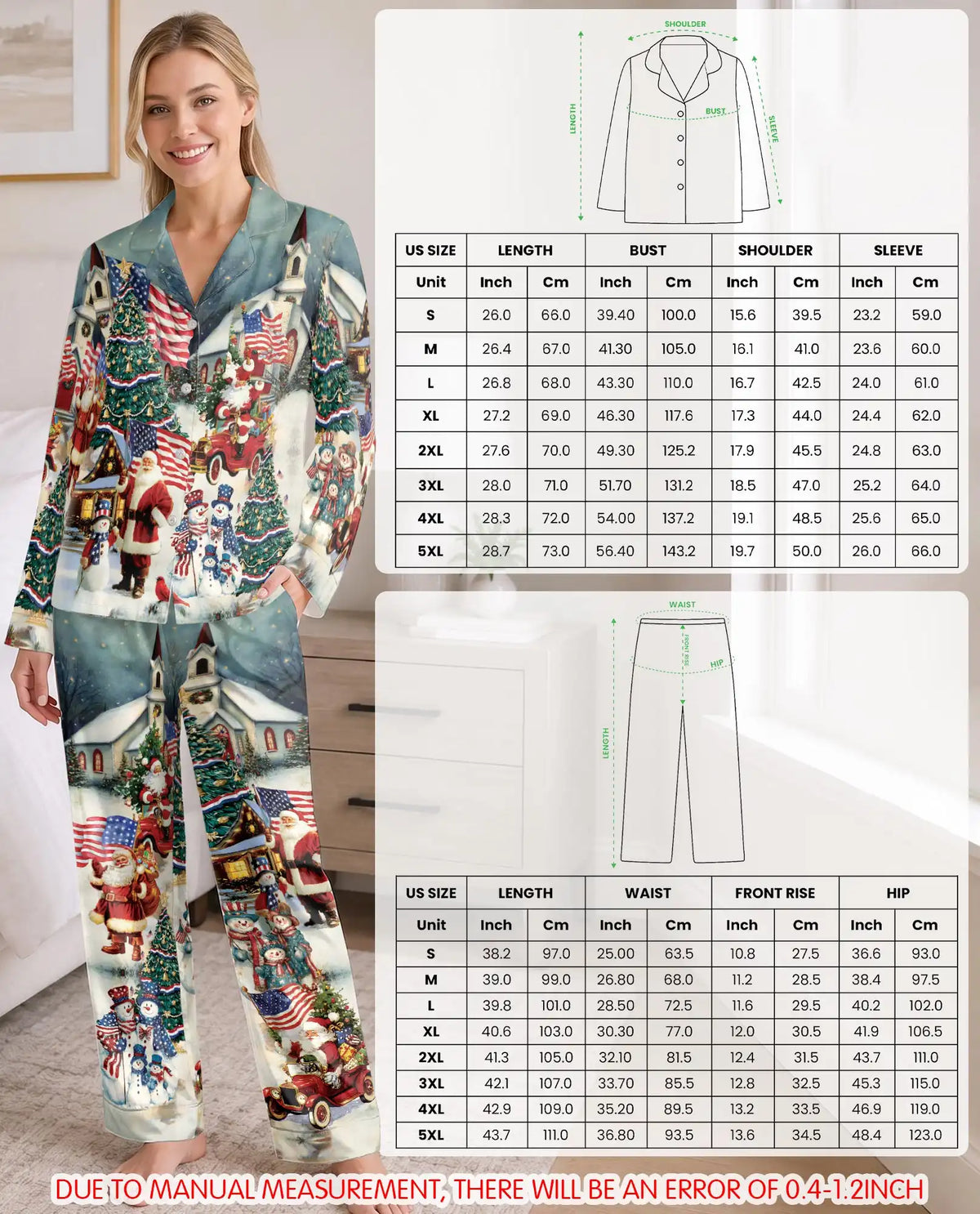 Patriotic Santa Christmas Pajama Set for Women – American Flag Print