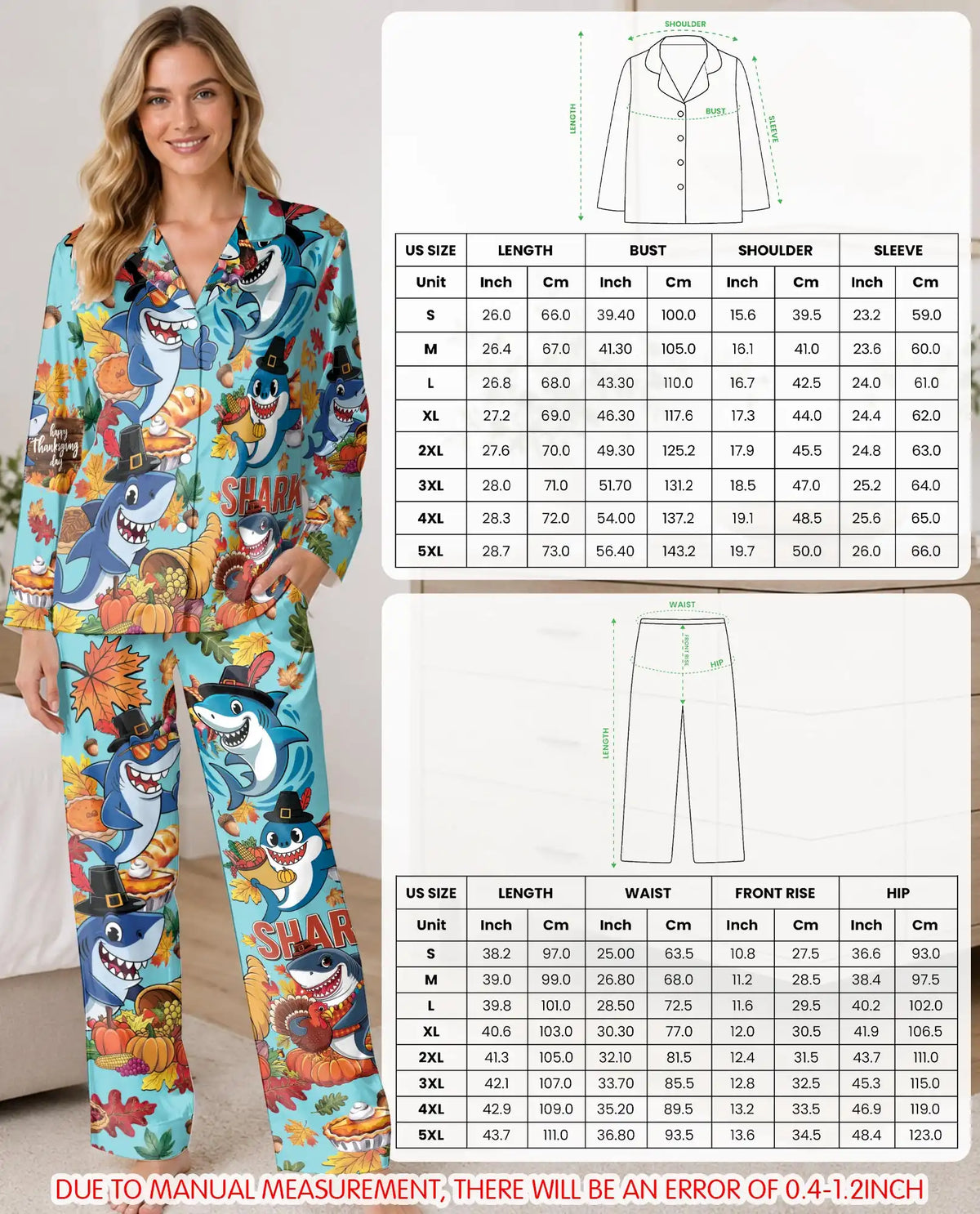 Thanksgiving Shark Pajama Set for Women – Funny Fall Print