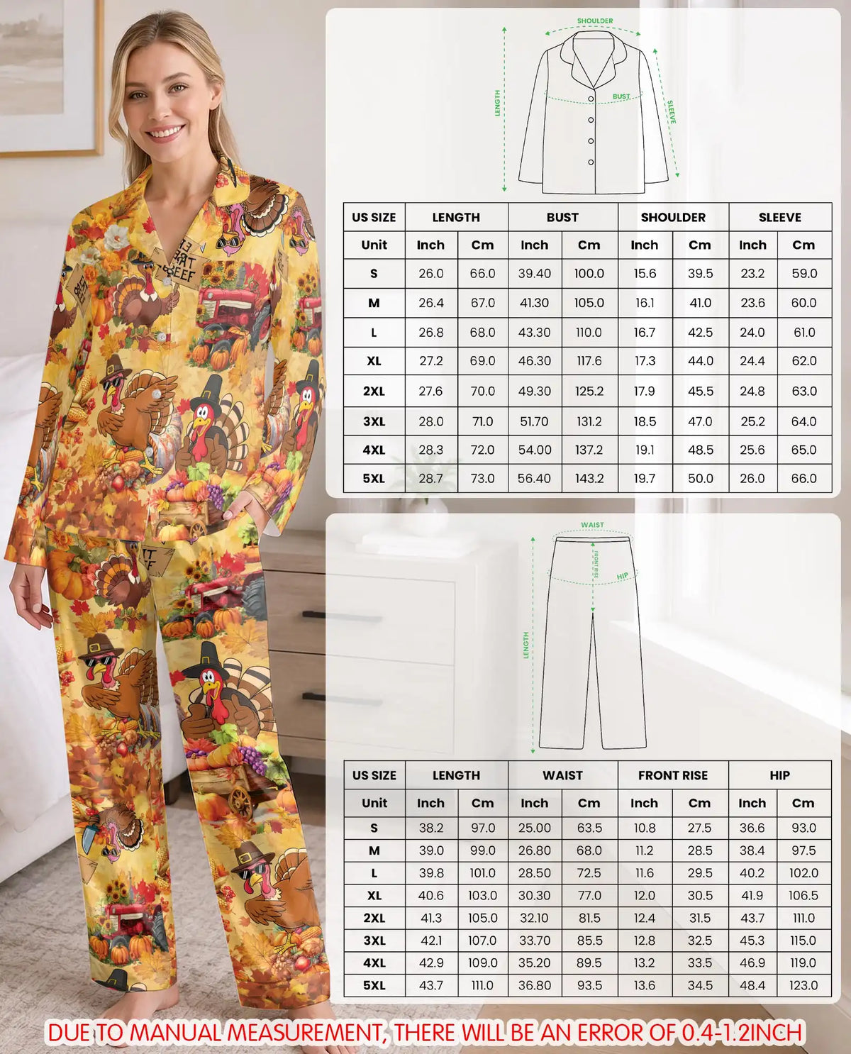 Funny Turkey Thanksgiving Pajama Set for Women, Fall Harvest Holiday Sleepwear