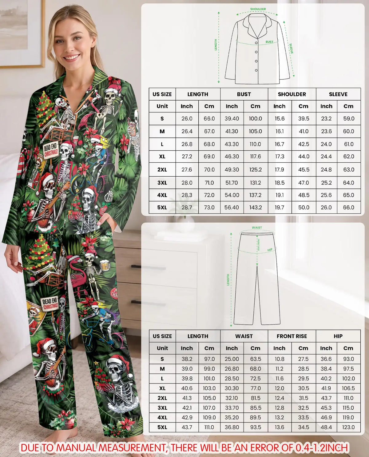 Tropical Christmas Skeleton Pajama Set for Women – Gothic Holiday Print