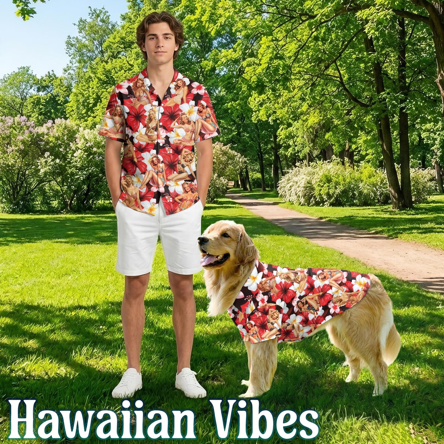 Pinup Girls Retro Matching Dog Owner Hawaiian Shirts, Funny Pet Aloha Shirt for Beach Vacation - Azhawaiian
