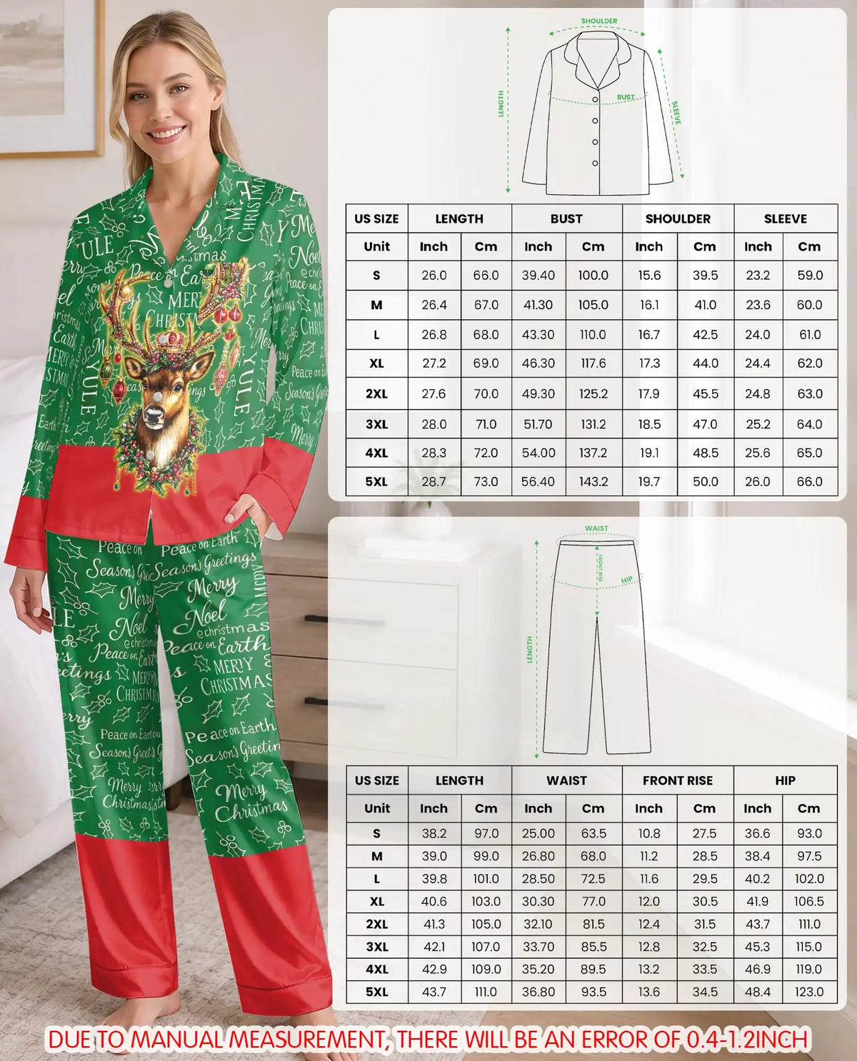 Reindeer Christmas Pajama Set for Women, Classic Holiday Sleepwear
