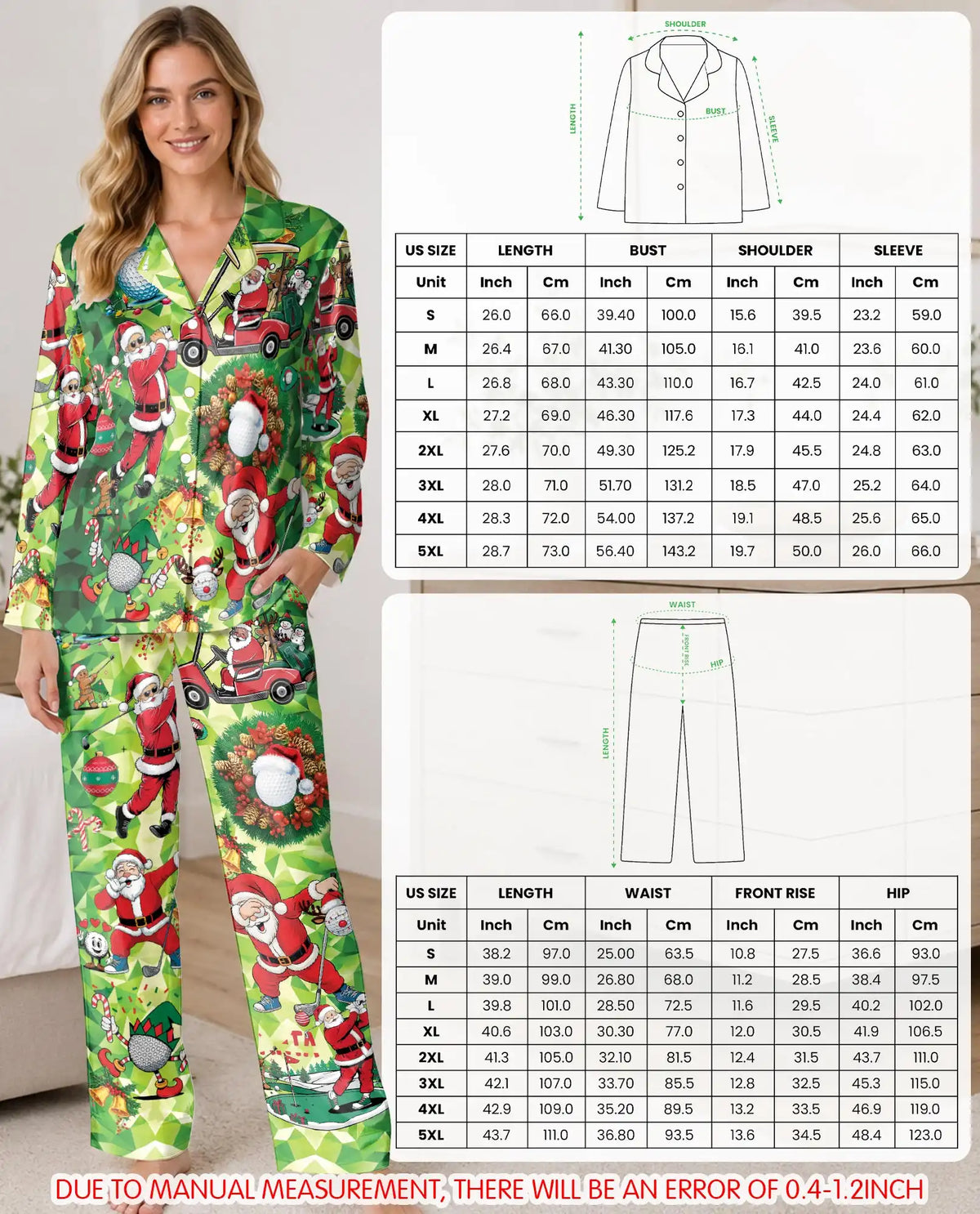 Christmas Golf Pajama Set for Women – Santa Golfer & Golf Cart Print
