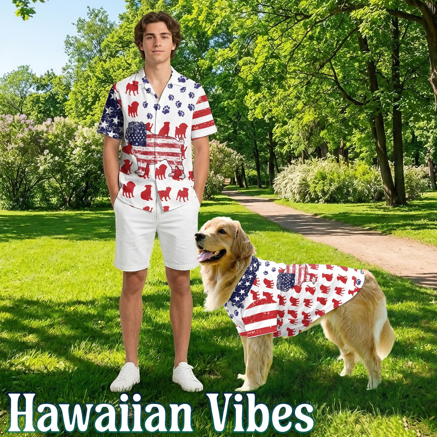 Pug Flag Matching Dog Owner Hawaiian Shirts, Funny Pet Aloha Shirt for Beach Vacation - Azhawaiian