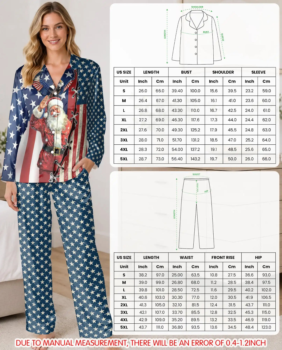 Patriotic Santa Christmas Pajama Set for Women, American Flag Holiday Sleepwear