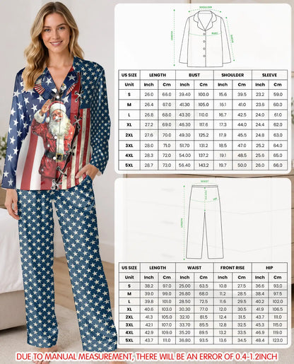 Patriotic Santa Christmas Pajama Set for Women, American Flag Holiday Sleepwear