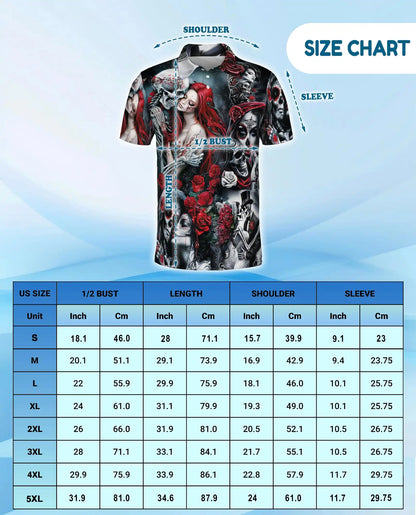Day of the Dead Sugar Skull Polo Shirt for Men, Gothic Skeleton Roses | Azhawaiian