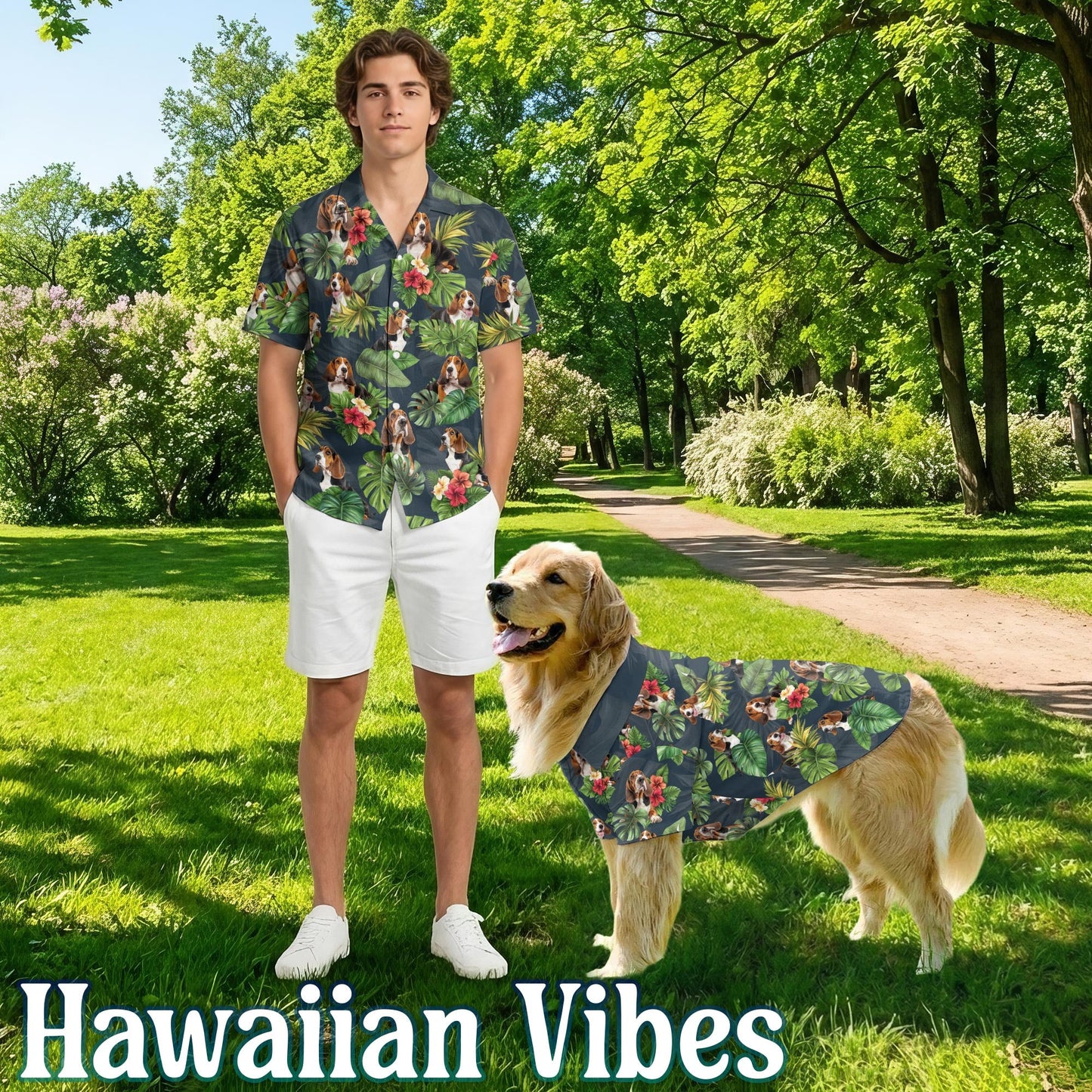 Basset Hound Matching Dog Owner Hawaiian Shirts, Funny Pet Aloha Shirt for Beach Vacation - Azhawaiian