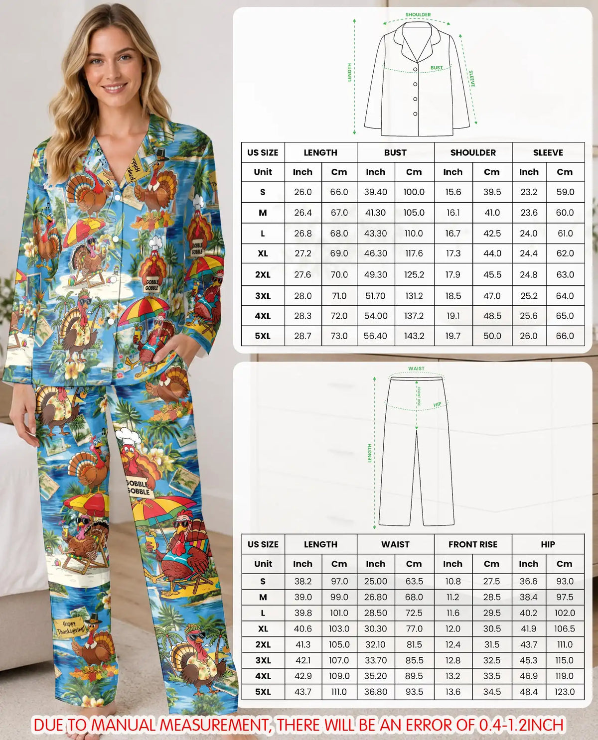 Funny Turkey Thanksgiving Pajama Set for Women, Tropical Holiday Sleepwear