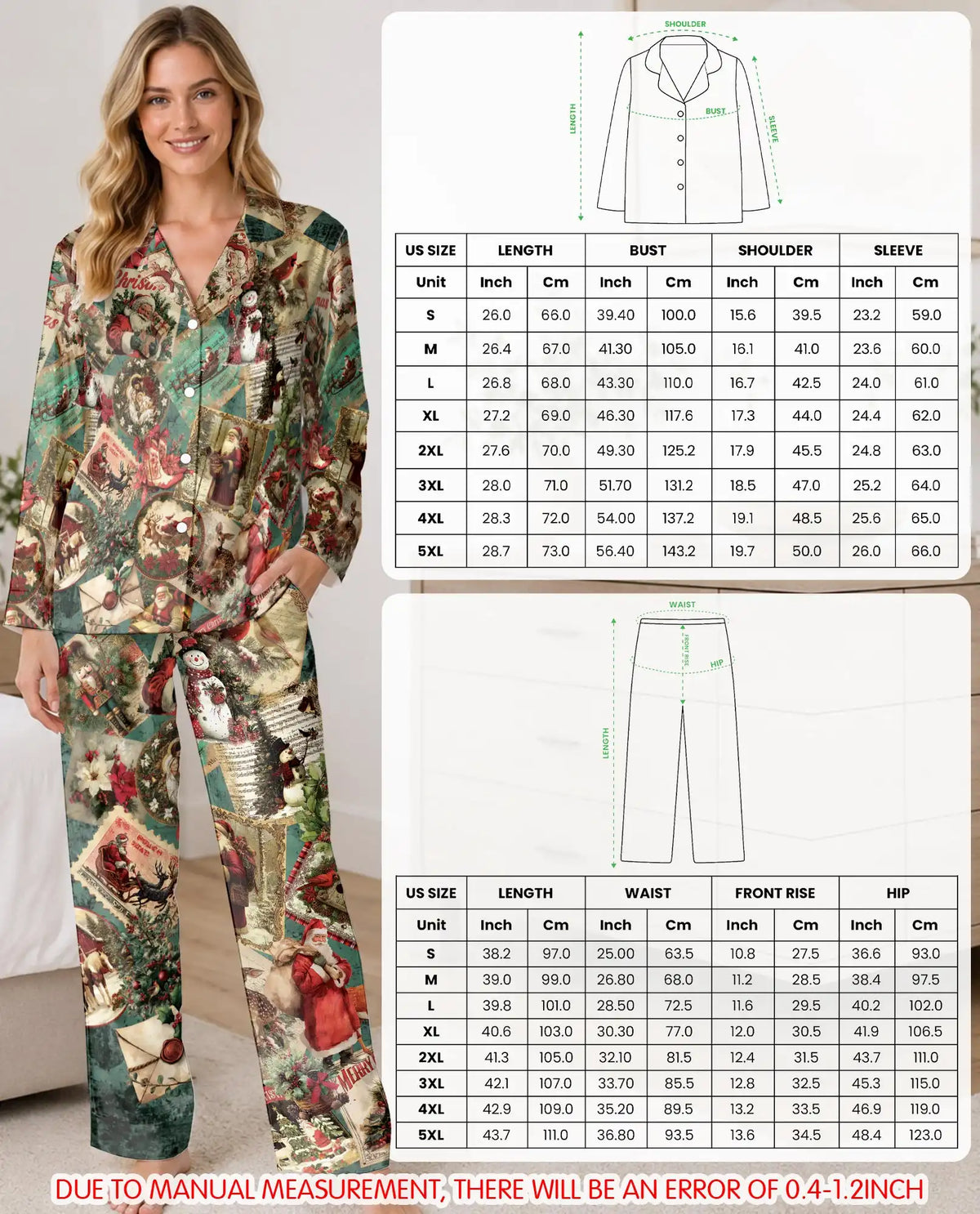 Vintage Christmas Pajama Set for Women, Santa Holiday Sleepwear with Retro Winter Design
