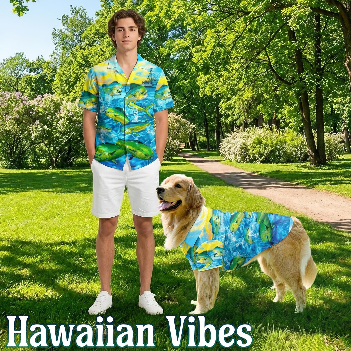 Mahi-Mahi Fish Fishing Matching Dog Owner Hawaiian Shirts, Funny Pet Aloha Shirt for Beach Vacation - Azhawaiian
