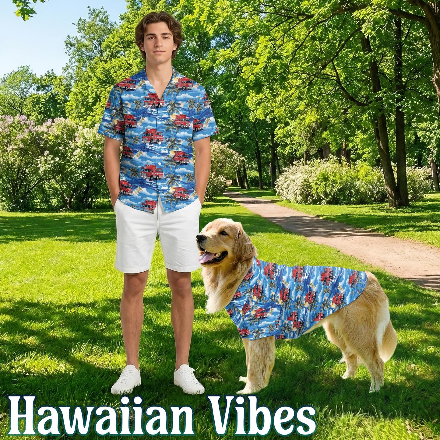 Fire Truck Firefighter Matching Dog Owner Hawaiian Shirts, Funny Pet Aloha Shirt for Beach Vacation - Azhawaiian