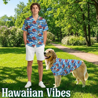 Fire Truck Firefighter Matching Dog Owner Hawaiian Shirts, Funny Pet Aloha Shirt for Beach Vacation - Azhawaiian