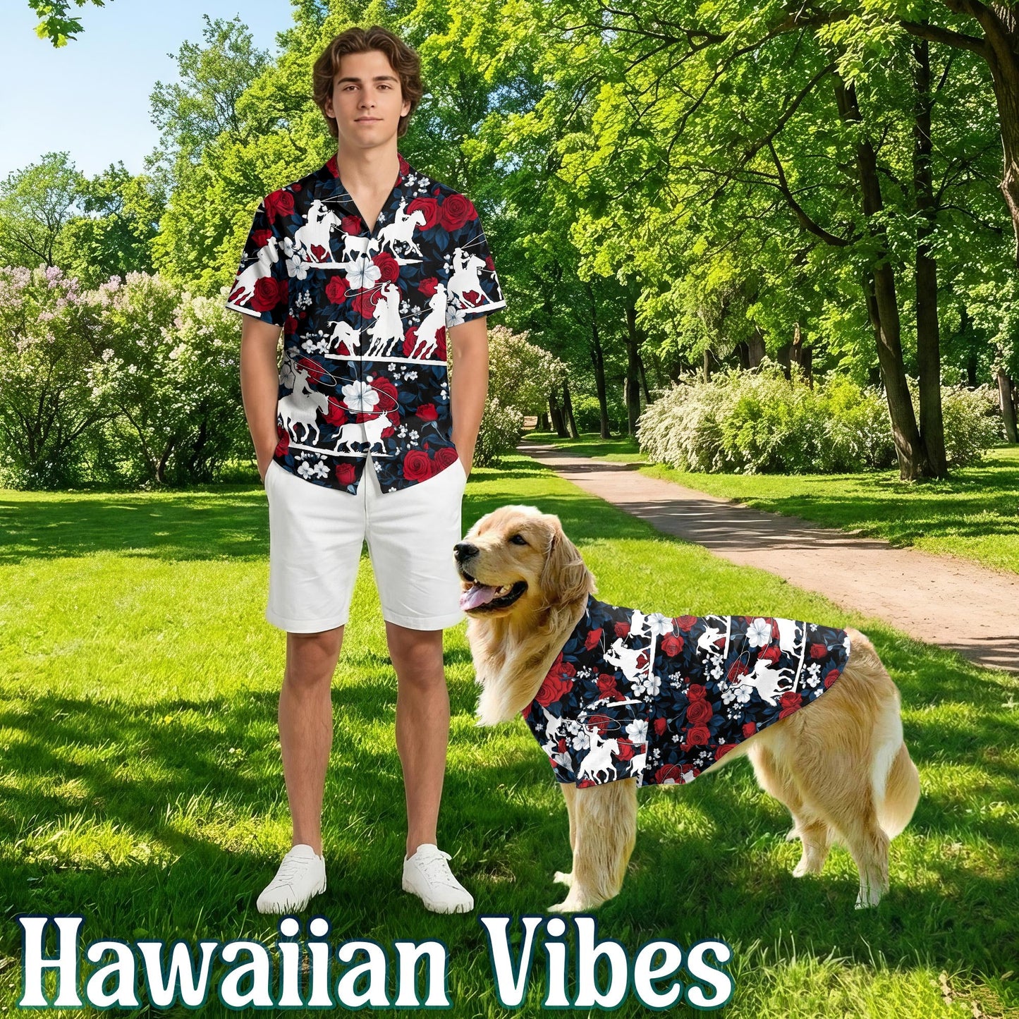 Flower Horse Roping Matching Dog Owner Hawaiian Shirts, Funny Pet Aloha Shirt for Beach Vacation - Azhawaiian
