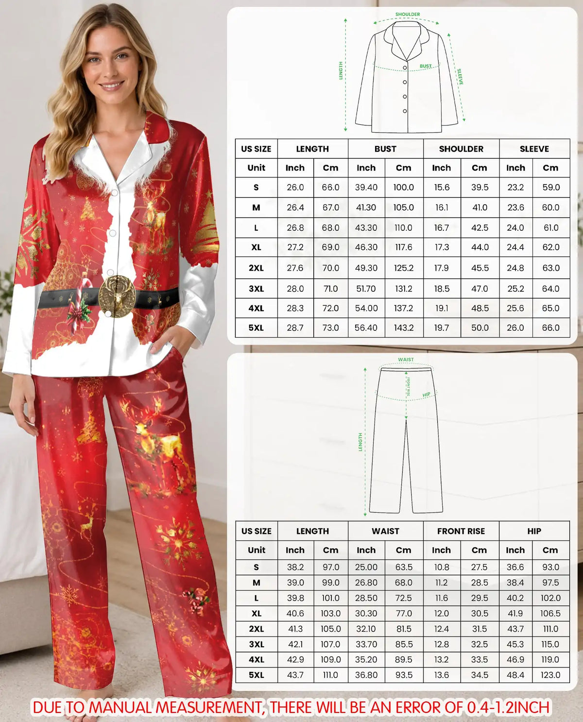 Santa Claus Christmas Pajama Set for Women, Holiday Satin Sleepwear