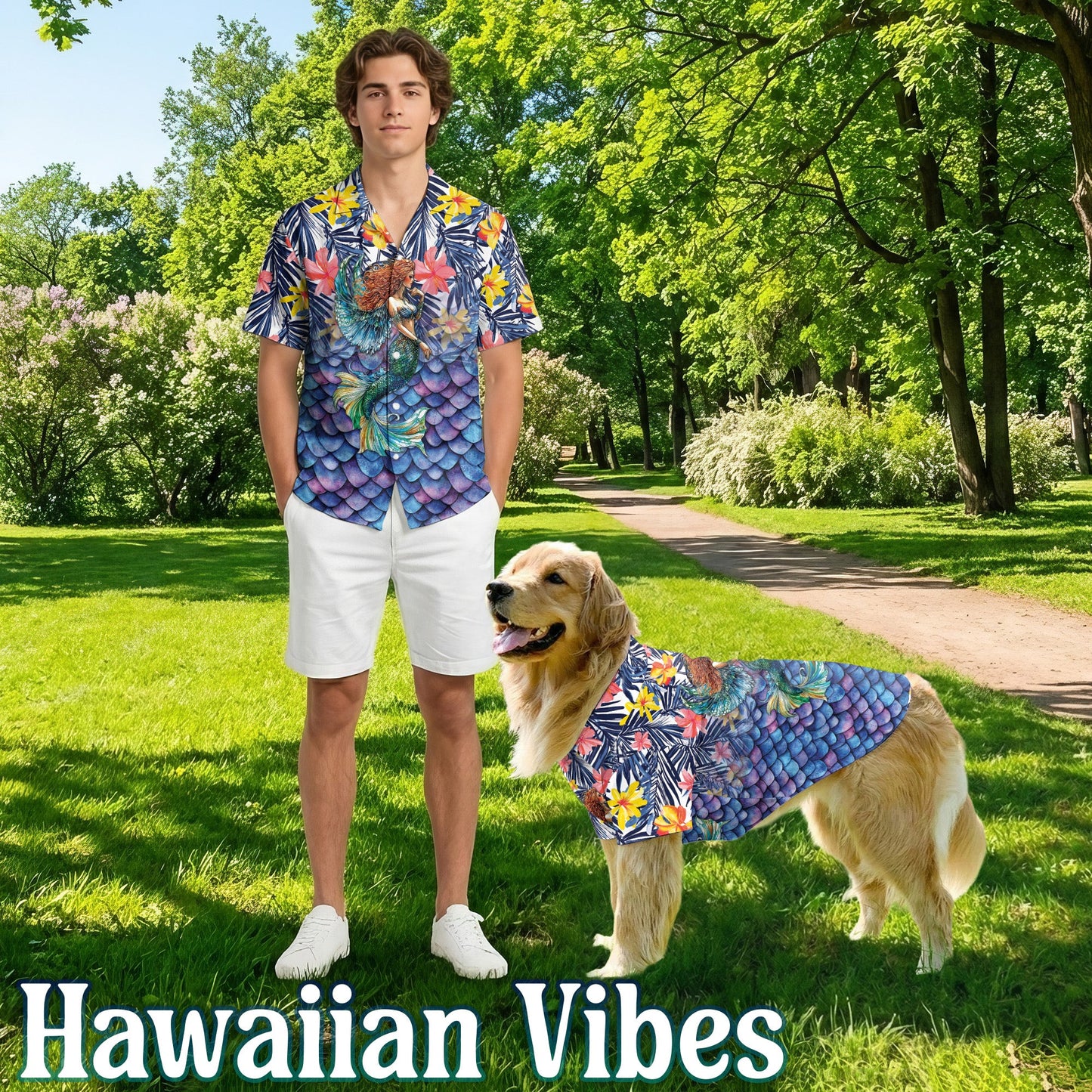 Mermaid Matching Dog Owner Hawaiian Shirts, Funny Pet Aloha Shirt for Beach Vacation - Azhawaiian