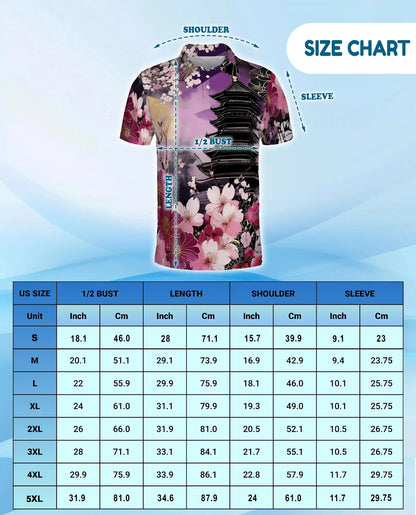 Sakura Pagoda Polo Shirt - Japanese Floral Art Style | Azhawaiian
