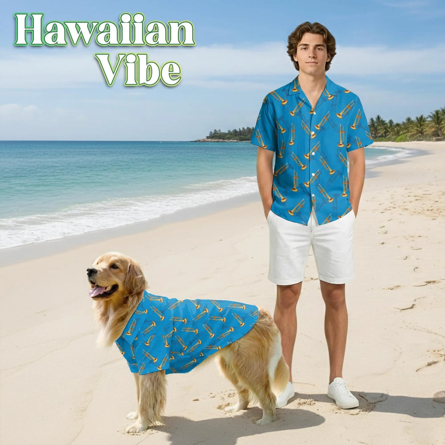 Trombone Pattern Print Hawaii and Musical Instruments Matching Dog Owner Hawaiian Shirts, Funny Pet Aloha Shirt for Beach Vacation - Azhawaiian