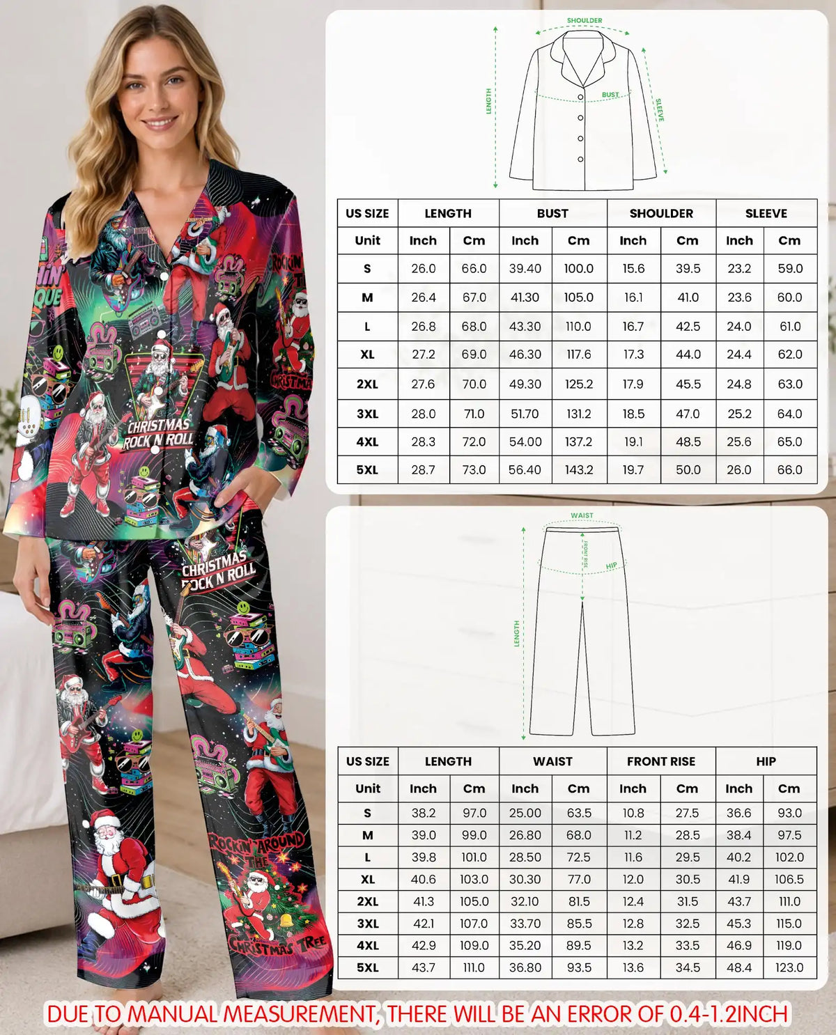 Christmas Rock and Roll Pajama Set for Women – Guitar Santa Print