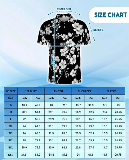 Monochrome Cherry Blossom Polo Shirt - Elegant Floral Style | Azhawaiian