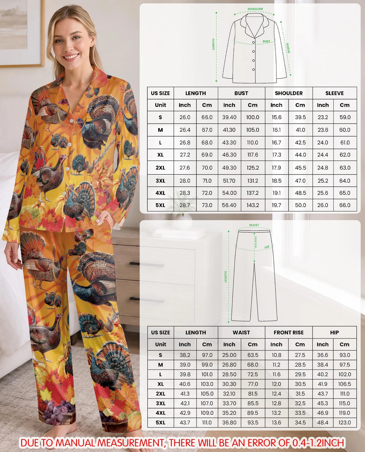 Thanksgiving Turkey Pajama Set for Women, Autumn Fall Holiday Sleepwear