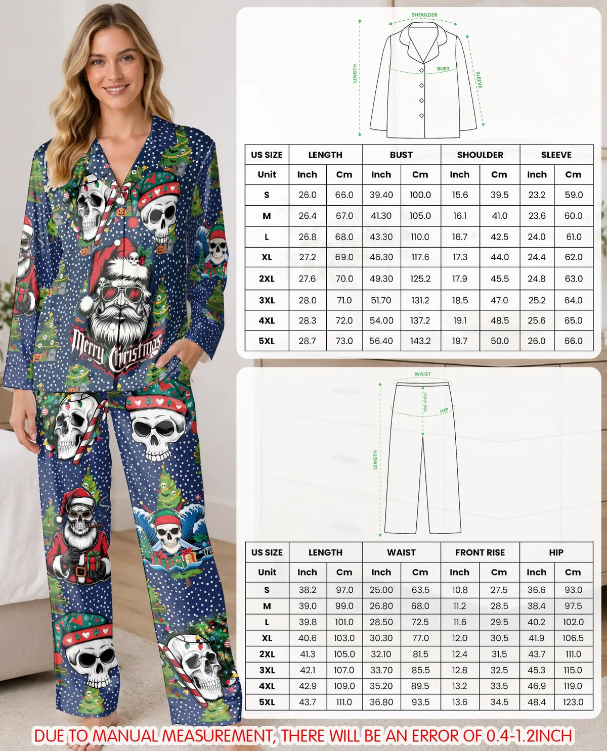 Gothic Christmas Pajama Set for Women, Skeleton Santa Holiday Sleepwear