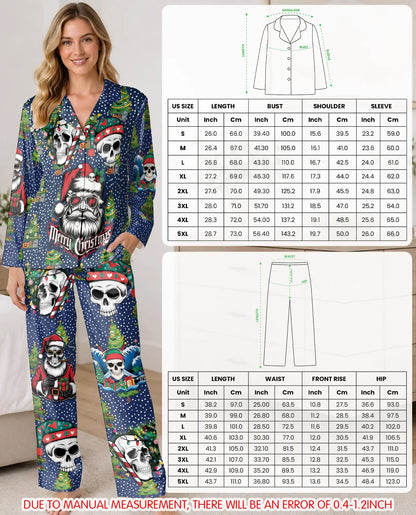 Gothic Christmas Pajama Set for Women, Skeleton Santa Holiday Sleepwear