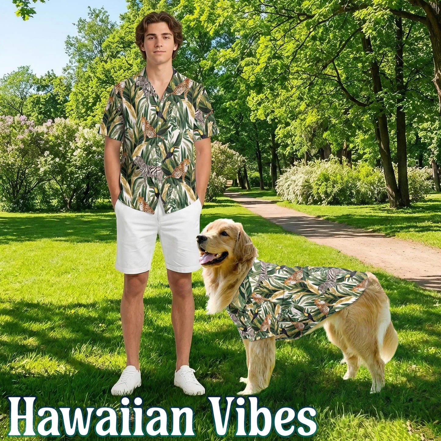 Tropical Summer Wild Animals and Plants Beach Matching Dog Owner Hawaiian Shirts, Pet Aloha Shirt - Azhawaiian