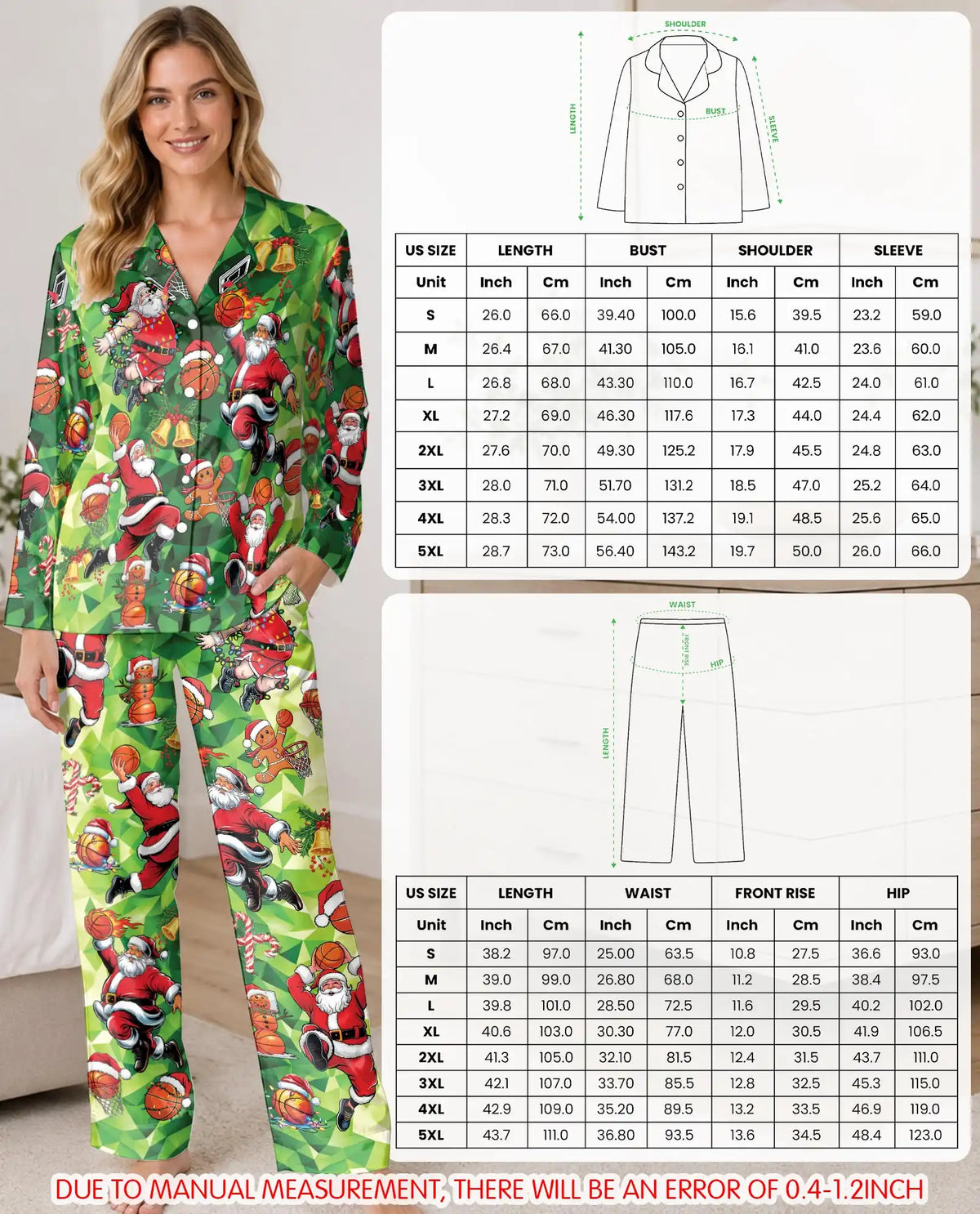 Basketball Santa Christmas Pajama Set for Women – Green Geometric Print