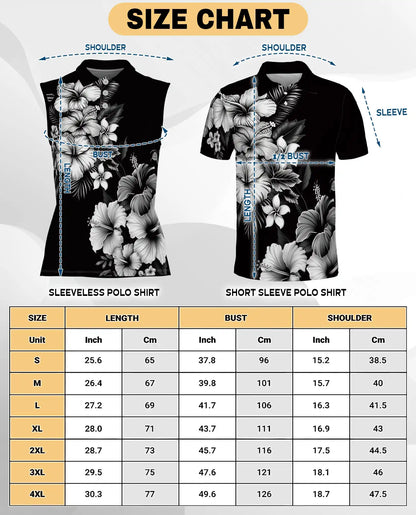 Black And White Hibiscus Polynesian Sleeveless Polo Shirt for Women | Azhawaiian